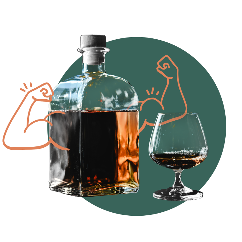 Fľaša brandy s bicepsom a pohárom