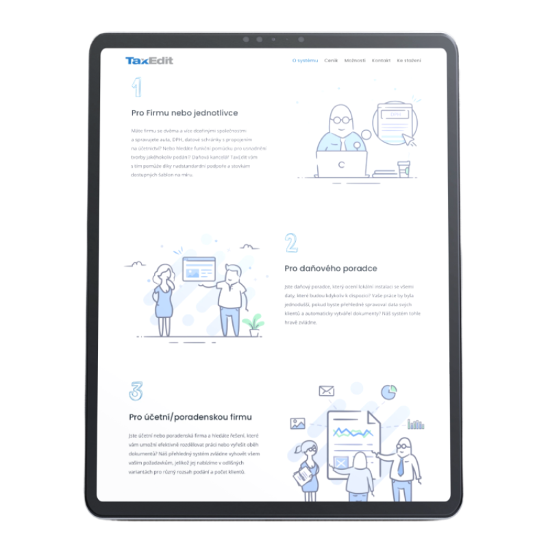 Tablet s webovou stránkou TaxEdit