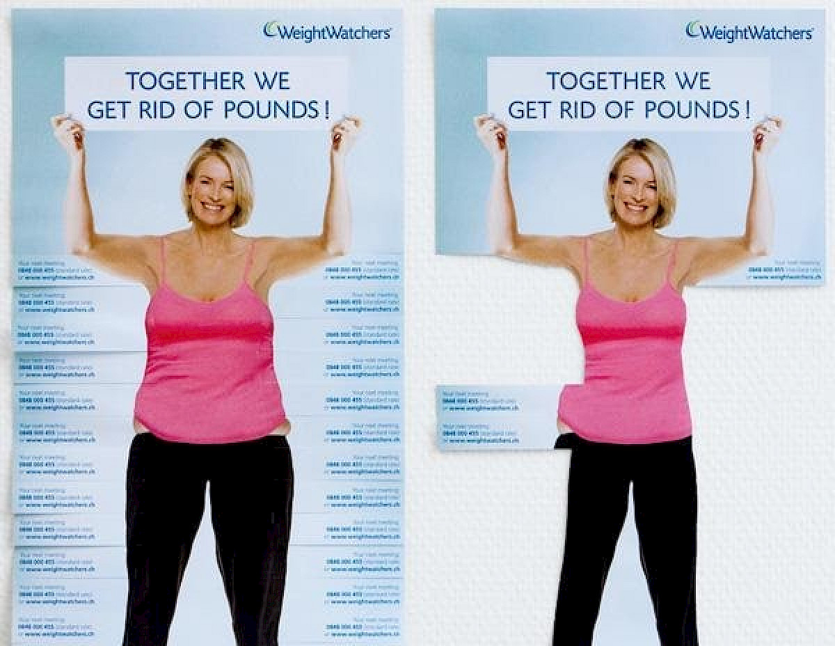 Plagát so ženou a odtrhávacími kontaktmi a textom Together we get rid of pounds (pri odtrhnutí kontaktu žena chudne)