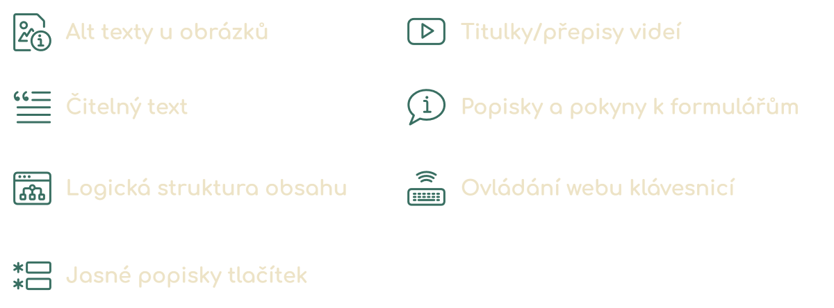 Infografika Na čo sa zamerať pri prístupnosti: alt text, čitateľnosť, logická štruktúra, popisy tlačidiel, formuláre, ovládanie klávesnicou