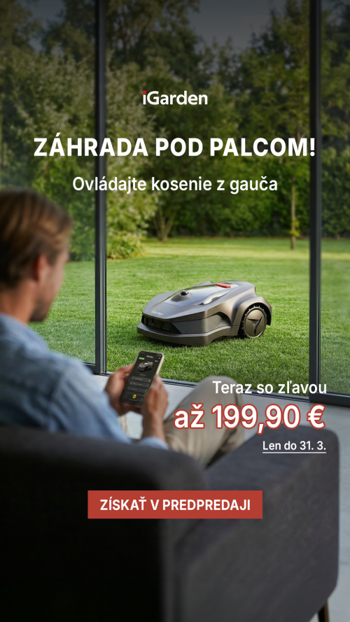 Banner k robotickej kosačke iGarden, ktorý znázorňuje možnosť ovládania z mobilu priamo z gauča