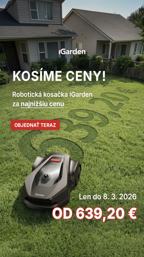 Ukážka banneru na robotickú kosačku iGarden – nadpis „Znižujeme ceny“ a cena vyrytá kosačkou do trávy