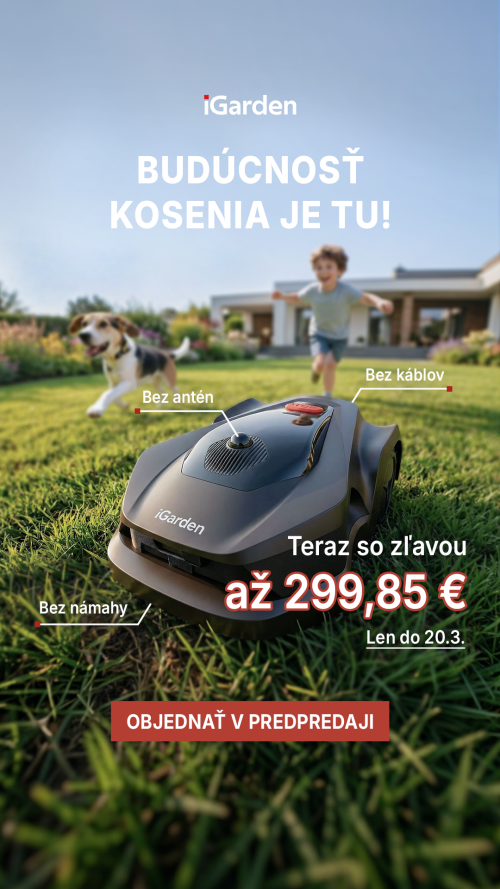 Ukážka banneru na robotickú kosačku iGarden (kosačka jazdiaca po trávniku, v pozadí dieťa so psom, texty s výhodami)