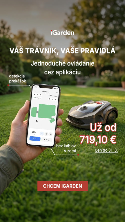 Ukážka banneru pre robotickú kosačku iGarden (kosačka pohybujúca sa po trávniku, ruka s mobilom ovládajúca aplikáciu kosačky, texty s výhodami)
