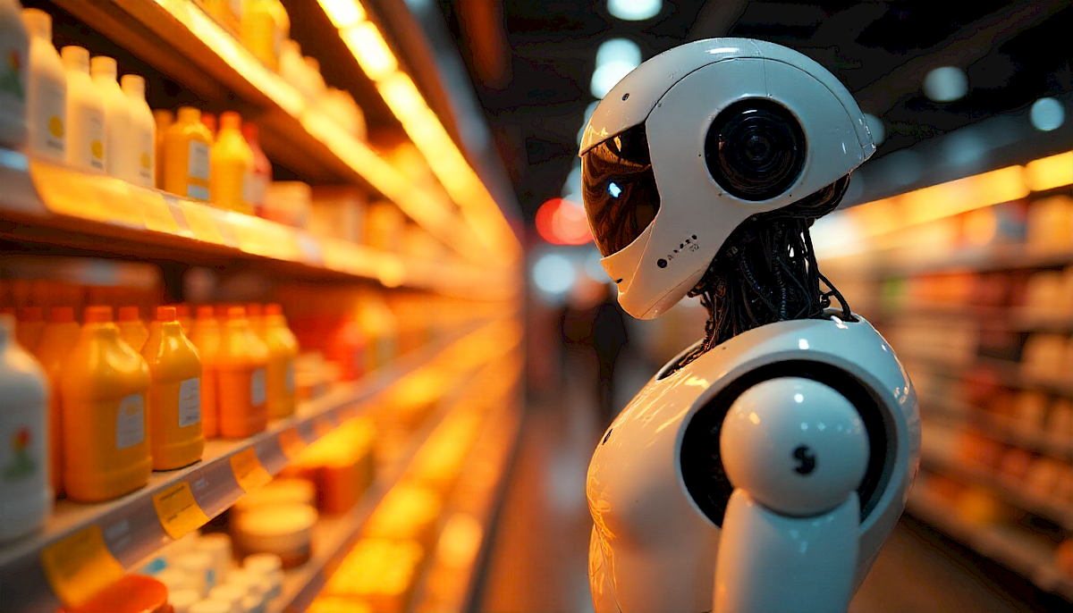 Robot medzi regálmi s tovarom