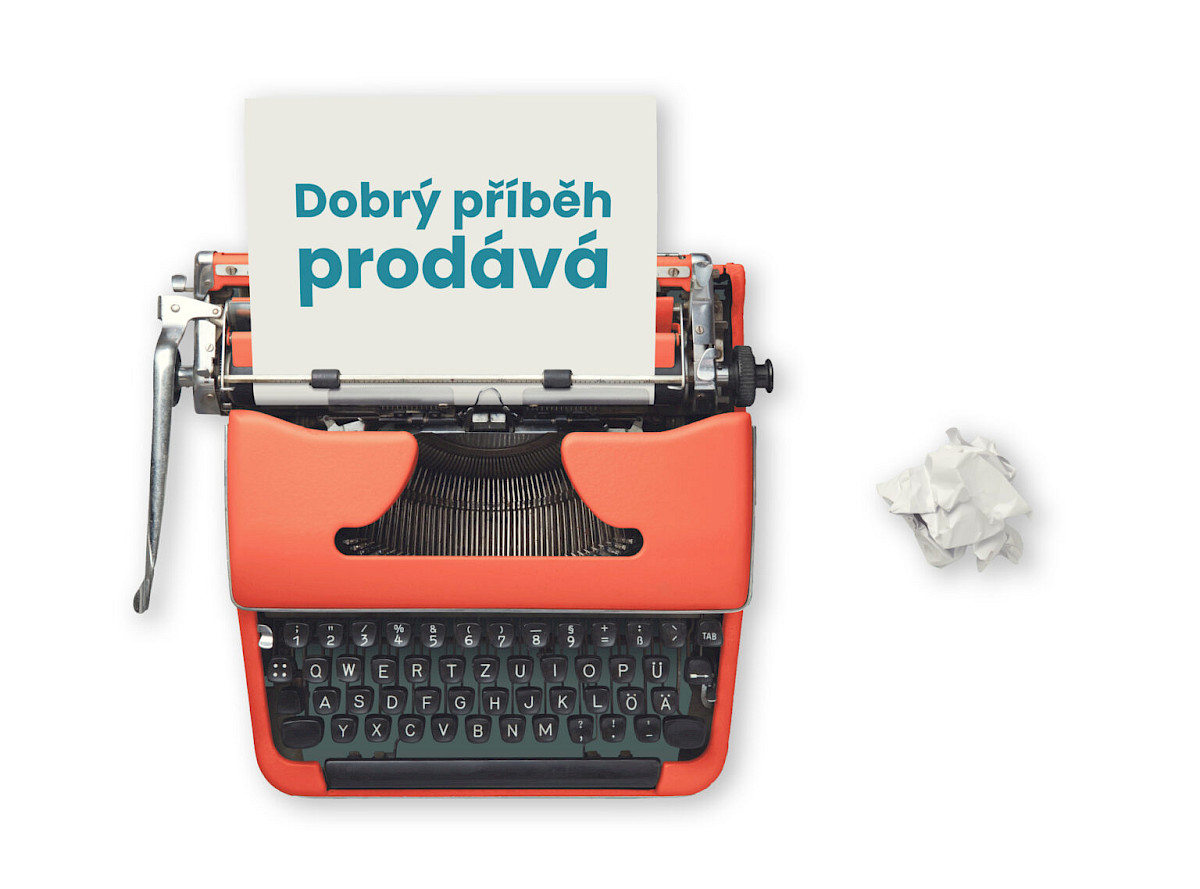 Písací stroj, ktorý píše text Dobrý príbeh predáva