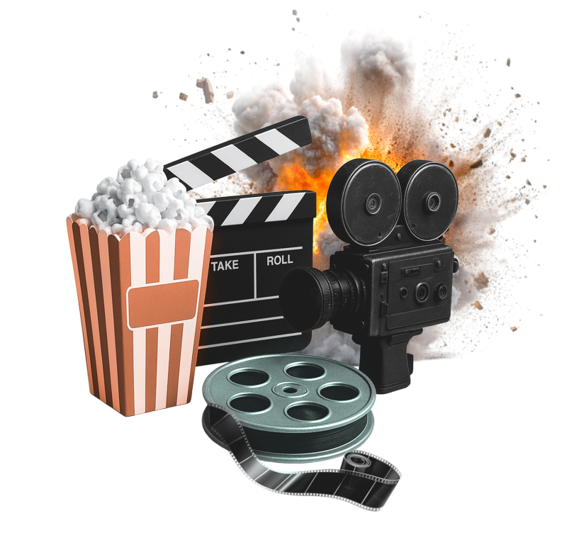 Filmový pás, popcorn a premietací kotúč