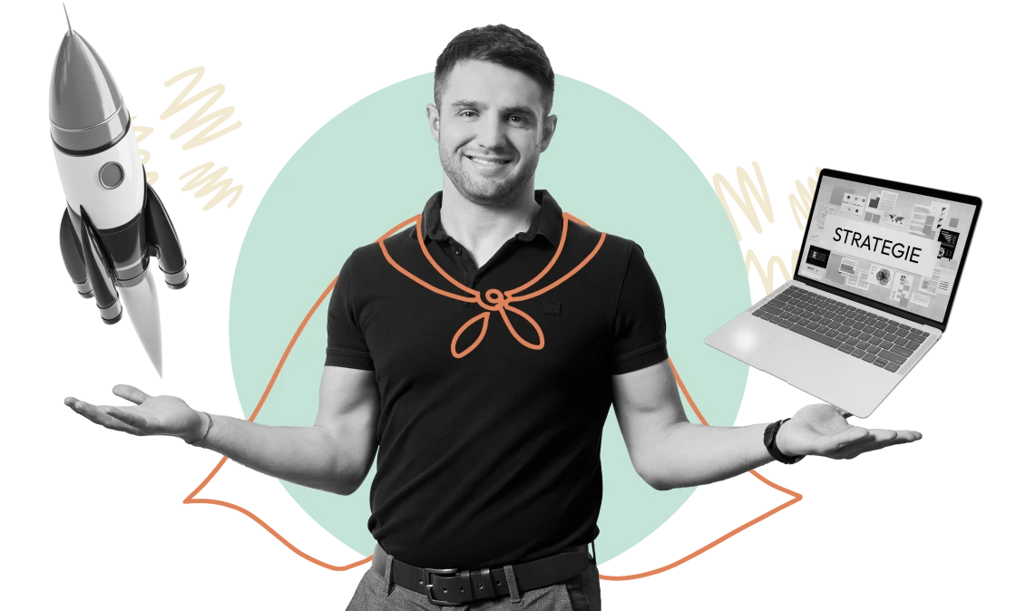 Muž se supermanským pláštěm, raketou a notebookem